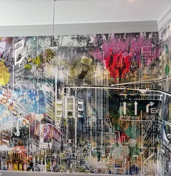 Large-format mural wallcovering installed across a full elevation